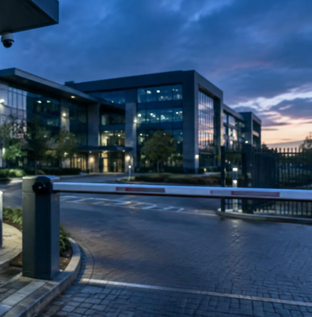 Boom gate and entrance to an office park at dusk